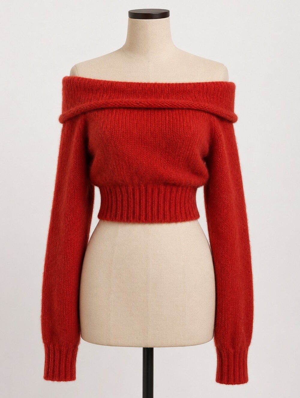 BERSHKA RED OFF SHOULDER CROPPED SWEATER FUZZY KNIT COZY TOP SIZE XS-S
